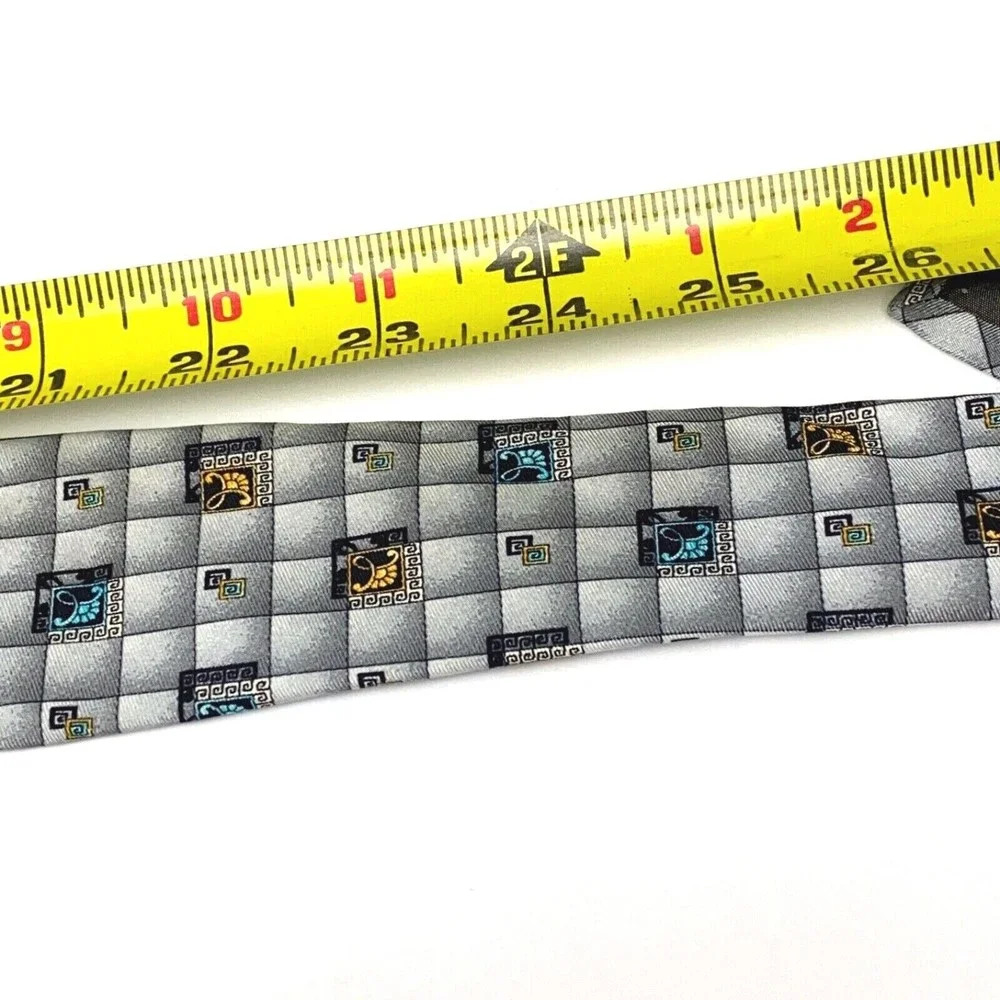 GIANNI VERSACE Vintage 90s Tie Baroque Flower Medusa Grey Squares Plaid Necktie - Picture 10 of 12